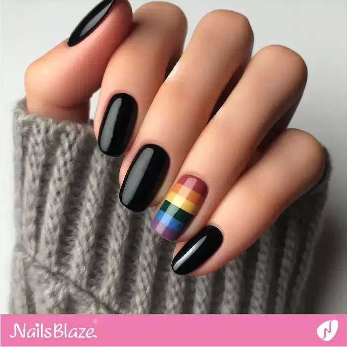 Glossy Black Nails with a Rainbow Flag Accent Nail | Pride | LGBTQIA2S+ Nails - NB2083